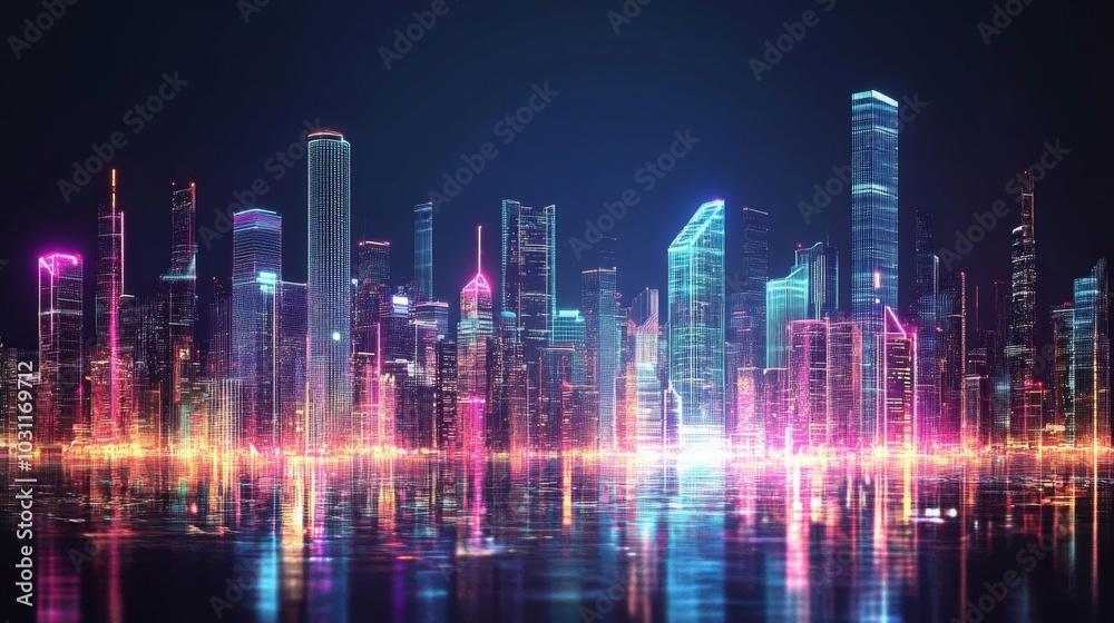 digital city skyline illuminated by colorful lights reflecting on water, creating a futuristic atmosphere. digital city skyline illuminated by colorful lights reflecting on water, creating a futuristic atmosphere.