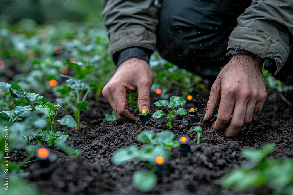A farmer using smart sensors to monitor soil health, highlighting the ...