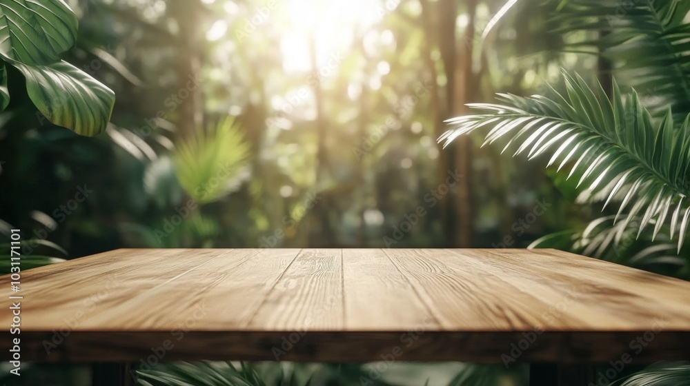 Tranquil forest scene featuring a wooden platform surrounded by lush greenery. Wooden table surface product placement