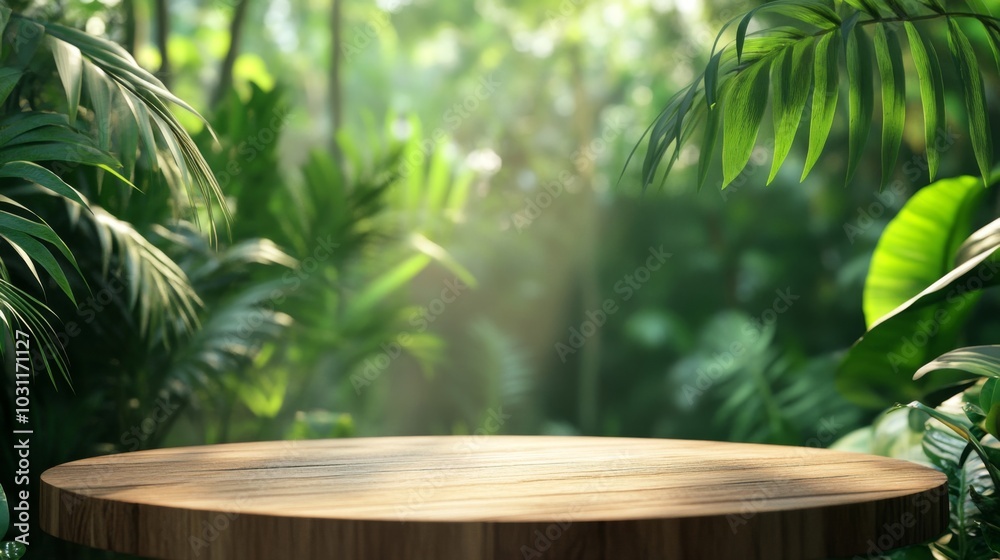 Fototapeta premium Tranquil forest scene featuring a wooden platform surrounded by lush greenery. Wooden table surface product placement