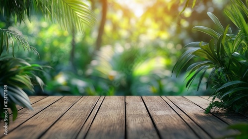 Tranquil forest scene featuring a wooden platform surrounded by lush greenery. Wooden table surface product placement