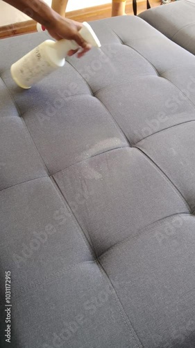 Dry cleaner's employee removing dirt from couch, vacuum clean sofa with professional equipment. cleaning furniture with washing suction cleaner closeup