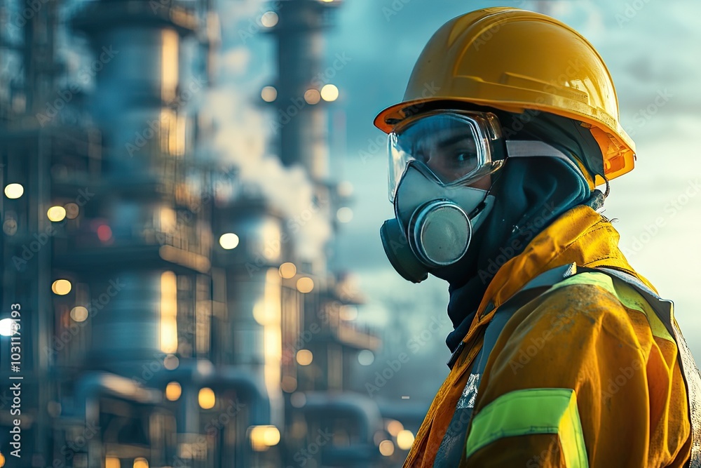 Worker wears respirator mask at factory. It shows the importance of safety equipment in hazardous environments. Worker wears respirator mask at factory. It shows the importance of safety equipment in hazardous environments.