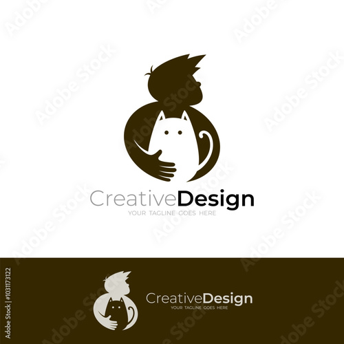 animal lover icon symbolized by a person hugging a cat