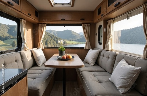 Cozy interior of a camper van featuring a dining area with scenic lakeside views in the early morning light