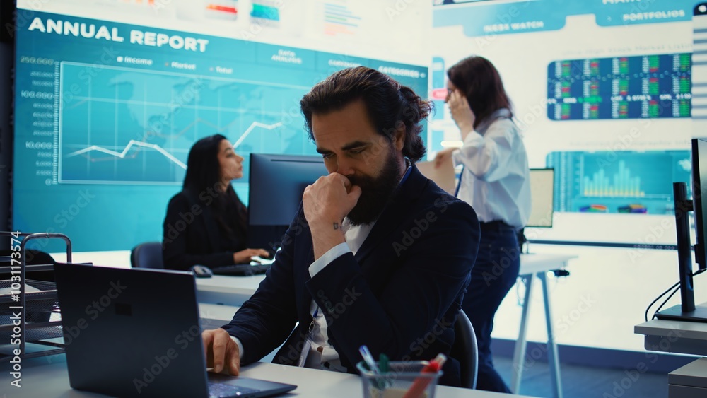 Naklejka premium Executive officer analyzing infographics on sales to evaluate supply and demand, find ways of increasing organizational funds and develop the business globally. Strategic objectives. Camera B.