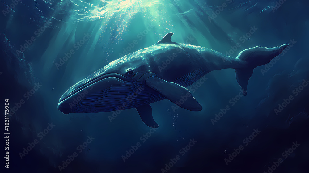 Obraz premium Large blue whale swimming gracefully upwards toward the light in the dark depths of the ocean. Sea Leviathan. Illustration
