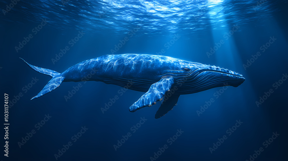 Obraz premium Large blue whale swimming gracefully upwards toward the light in the dark depths of the ocean. Sea Leviathan. Illustration