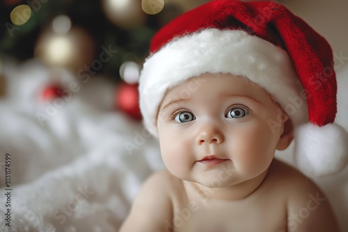 Newborn baby wearing a Santa Claus hat surrounded by Christmas decorations on a cozy winter morning