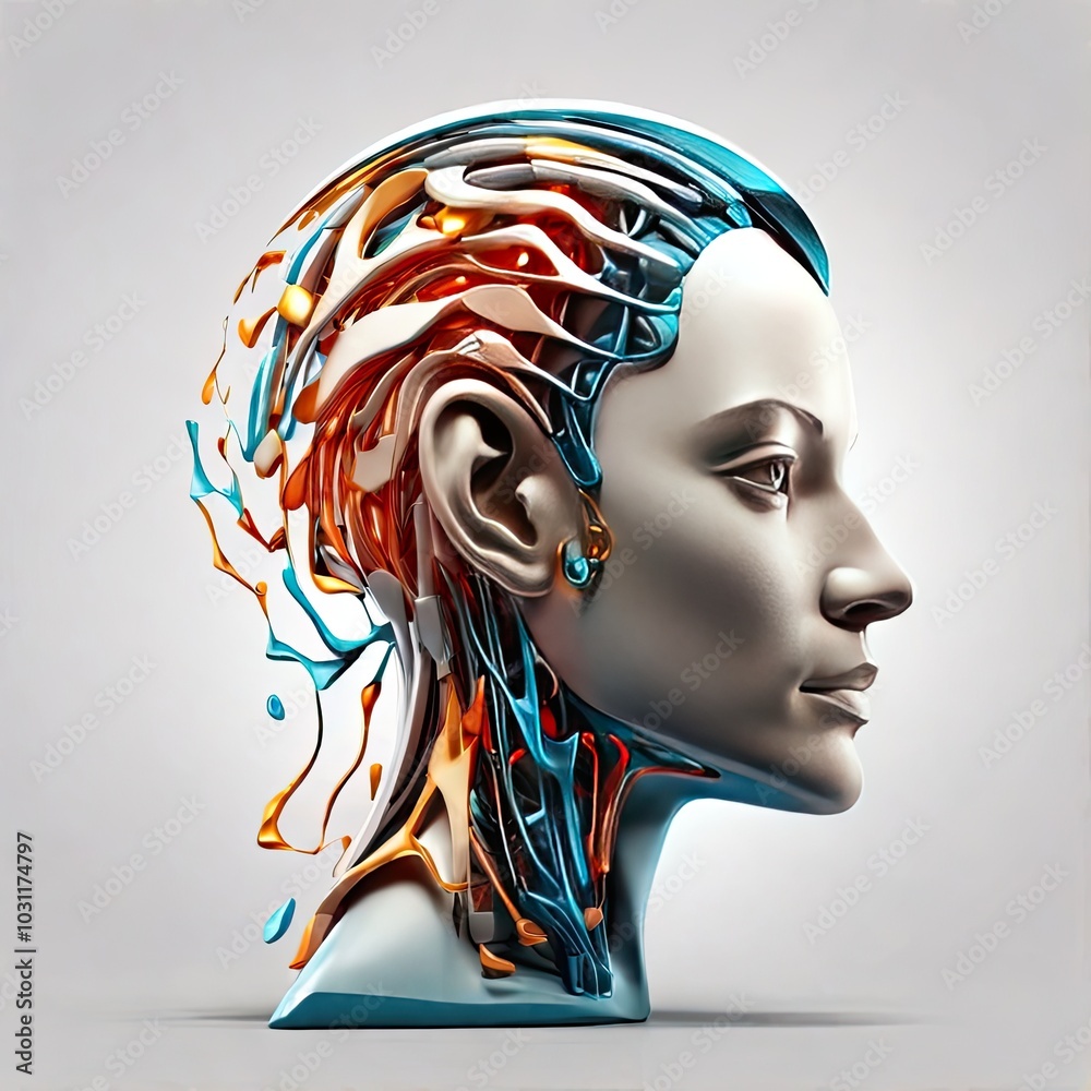 Woman head shaped, colorful 3D object on white background Woman head shaped, colorful 3D object on white background