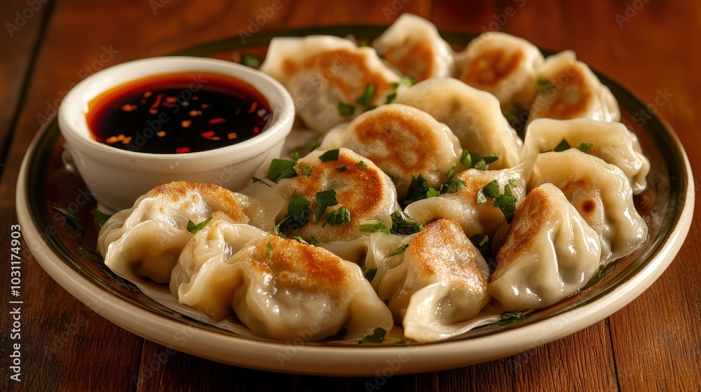 Plate of Delicious Dumplings with Dipping Sauce on a Wooden Table Plate of Delicious Dumplings with Dipping Sauce on a Wooden Table
