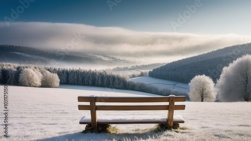 Wallpaper Mural This peaceful Rural winter landscape features a wooden bench covered in snow, overlooking a vast, snow-blanketed valley. Frost-covered trees and rolling hills stretch into the distance, creating a ser Torontodigital.ca