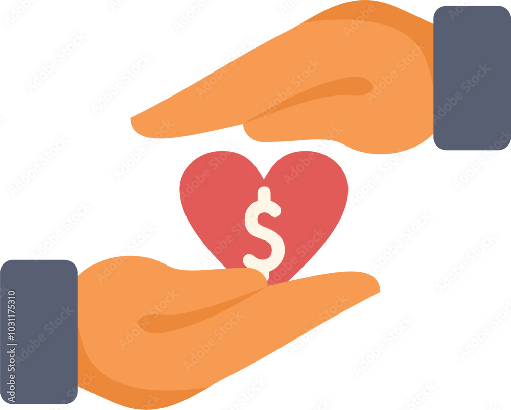Two hands are holding and protecting a heart with a dollar sign representing charity and donation security Two hands are holding and protecting a heart with a dollar sign representing charity and donation security
