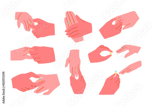 Proposal & Ring Exchange Illustration Set. A set of 8 modern, flat-style illustrations capturing the intimate moment of a ring exchange between couples. Perfect for romantic, commitment, and proposals