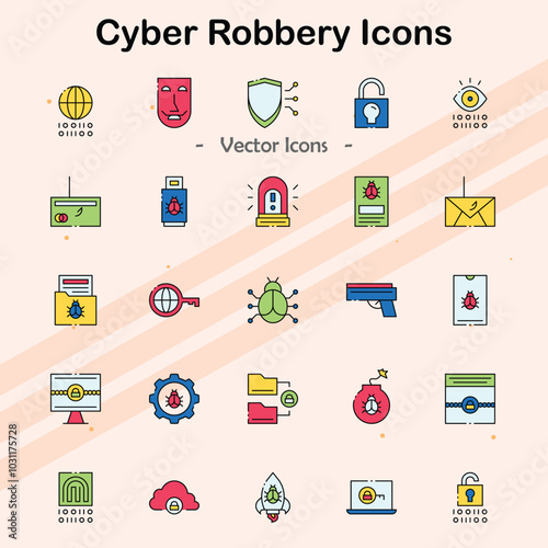Icons representing cyber robbery and digital theft activities.