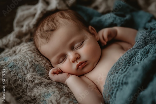 A peaceful baby sleeping soundly on a soft blanket in a cozy indoor setting during the day photo