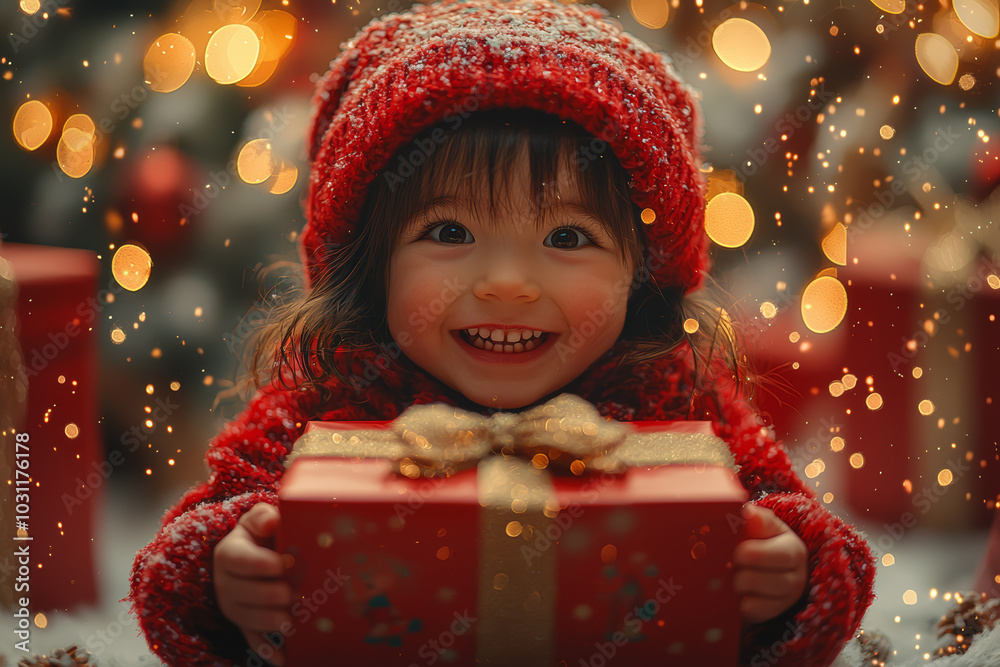A child excitedly opening a gift left by St. Nicholas, representing the joy of receiving presents during the holiday season. Concept of holiday joy. A child excitedly opening a gift left by St. Nicholas, representing the joy of receiving presents during the holiday season. Concept of holiday joy.