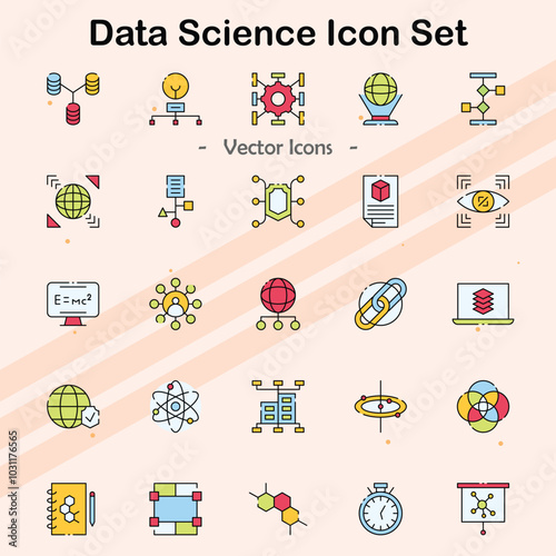 Icons representing data science concepts and analytical tools.
