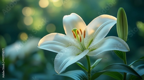 A single white lily in bloom with a blurred background of green foliage and sunlight.