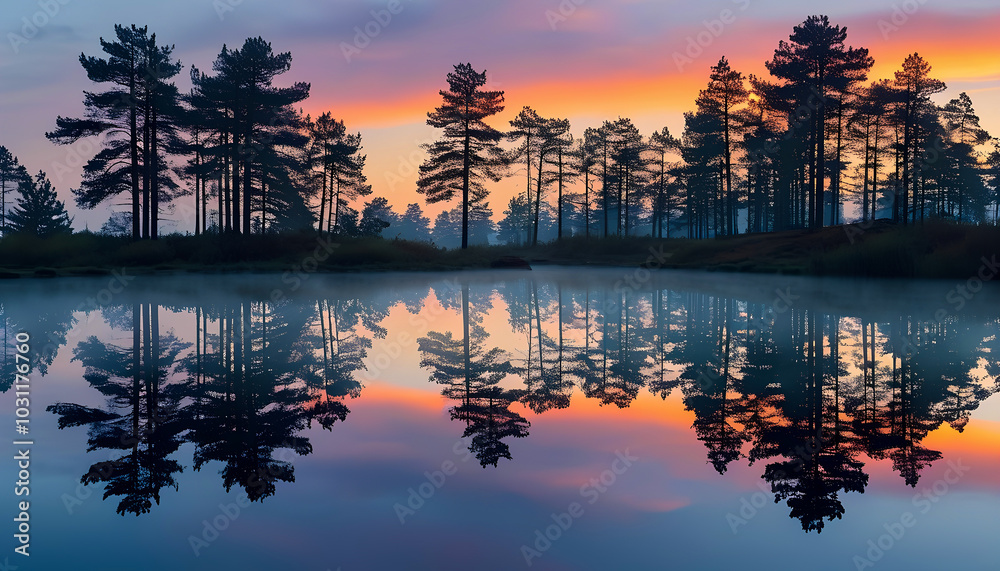 Fototapeta premium At dawn, a calm lake mirrors the towering pine trees and gentle pastel shades of the early morning sky.