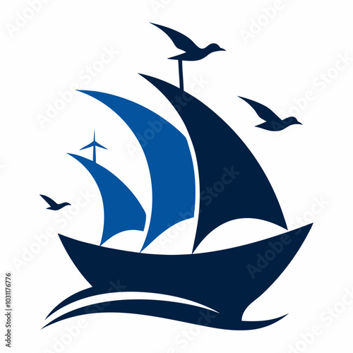 Ship with Sail and Seagulls Logo Vector Illustration photo