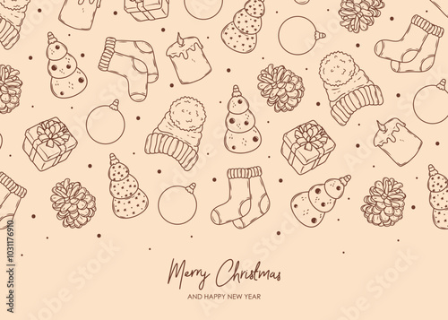 Merry Christmas and Happy New year retro banner template. Vector background with christmas decorations. Ball, pine tree, icicle, pine cone, present box, warm hat, socks