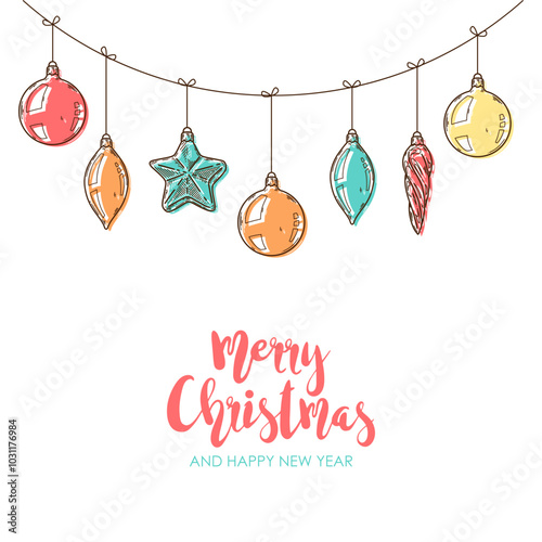 Merry Christmas and Happy New year retro banner template, greeting card. Vector background with christmas fir tree  decorations. Star, ball, icicle