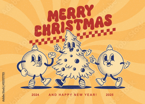 Merry Christmas and Happy New year smiling pine tree and decoration ball in trendy retro cartoon style