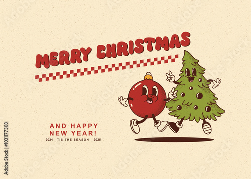 Merry Christmas and Happy New year smiling christmas tree, decorations toy in retro cartoon style