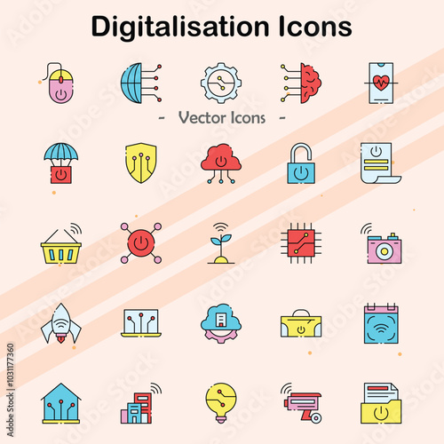 Icons representing the process of digitalisation and tech advancements.