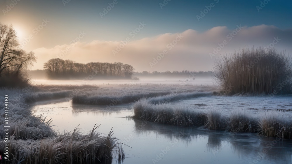 Fototapeta premium A peaceful Rural winter landscape captures a misty sunrise over a frozen marsh, where frosted grasses rise from the still water. The soft winter light creates a calm and serene atmosphere in this quie