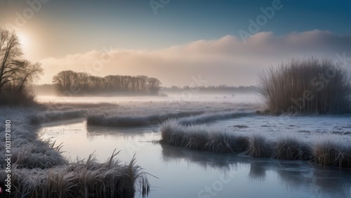 A peaceful Rural winter landscape captures a misty sunrise over a frozen marsh, where frosted grasses rise from the still water. The soft winter light creates a calm and serene atmosphere in this quie