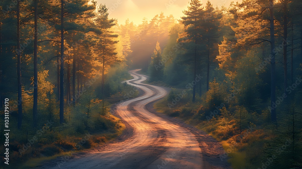 Obraz premium A winding dirt road through a misty forest at sunrise, with golden light filtering through the trees.