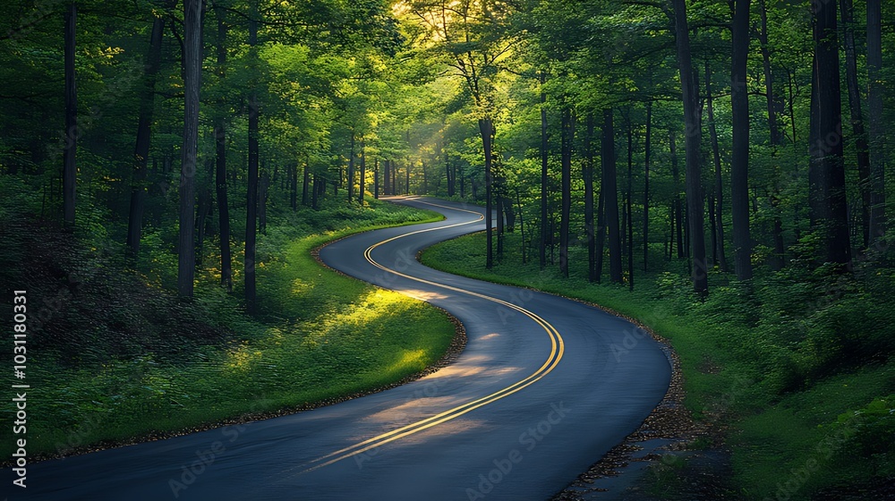 Fototapeta premium A winding road through a lush green forest, sunlight filtering through the trees.