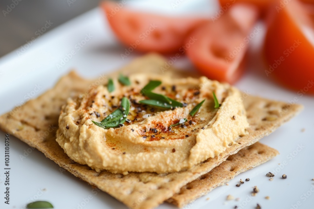 A gluten-free cracker topped with hummus and fresh herbs, served on a plate with sliced tomatoes A gluten-free cracker topped with hummus and fresh herbs, served on a plate with sliced tomatoes