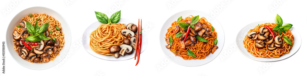 A vibrant assortment of noodle dishes served in white bowls, garnished with herbs and chilies, showcasing diverse flavors and textures against a black background. A vibrant assortment of noodle dishes served in white bowls, garnished with herbs and chilies, showcasing diverse flavors and textures against a black background.