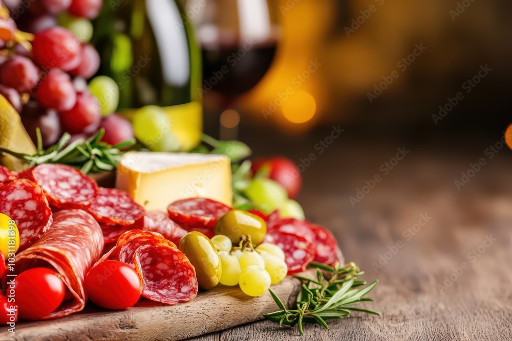 A delightful assortment of cheese, salami, grapes, and olives, accompanied by wine bottles, perfect for a gourmet platter. A delightful assortment of cheese, salami, grapes, and olives, accompanied by wine bottles, perfect for a gourmet platter.