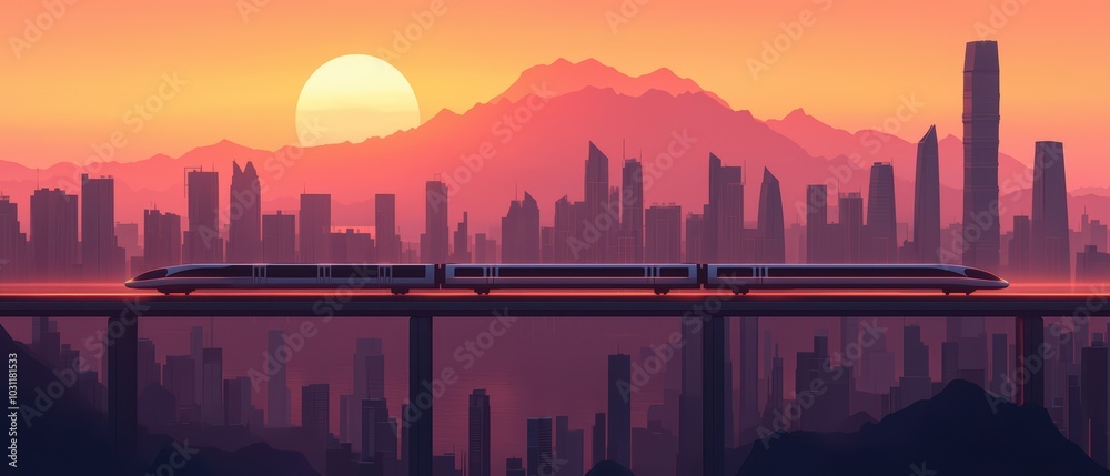 Obraz premium A futuristic train gliding across a bridge against a vibrant sunset and city skyline, showcasing modern transportation.