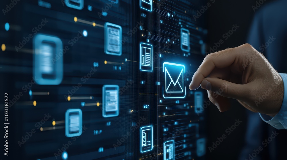 A hand interacting with a digital interface showcasing email and data connections, in a modern tech environment. A hand interacting with a digital interface showcasing email and data connections, in a modern tech environment.