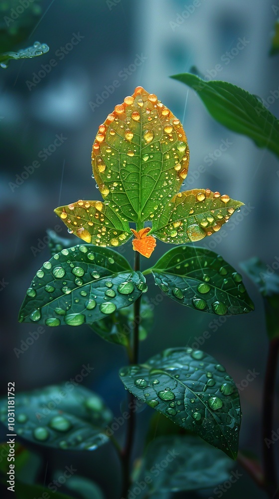Close Up of Green Leaves with Rain Drops Close Up of Green Leaves with Rain Drops