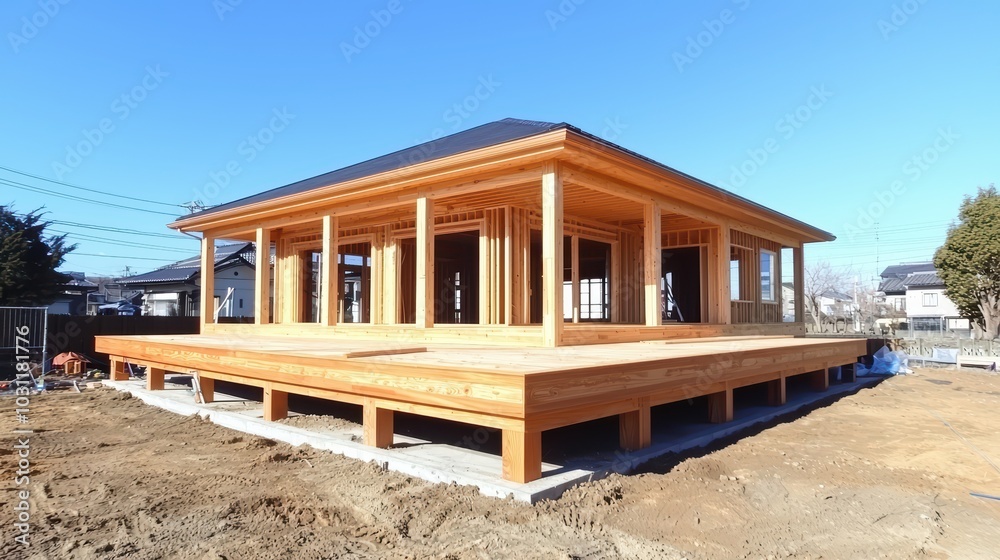 A modern wooden house under construction with a clear blue sky in the background.