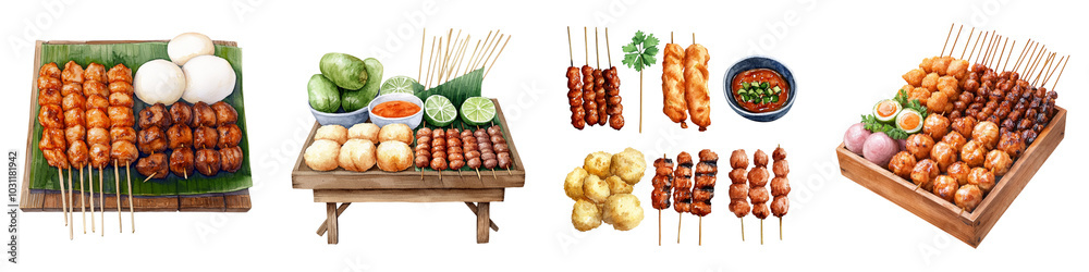 A vibrant display of skewered food, featuring various meats and vegetables arranged attractively on wooden trays. A vibrant display of skewered food, featuring various meats and vegetables arranged attractively on wooden trays.