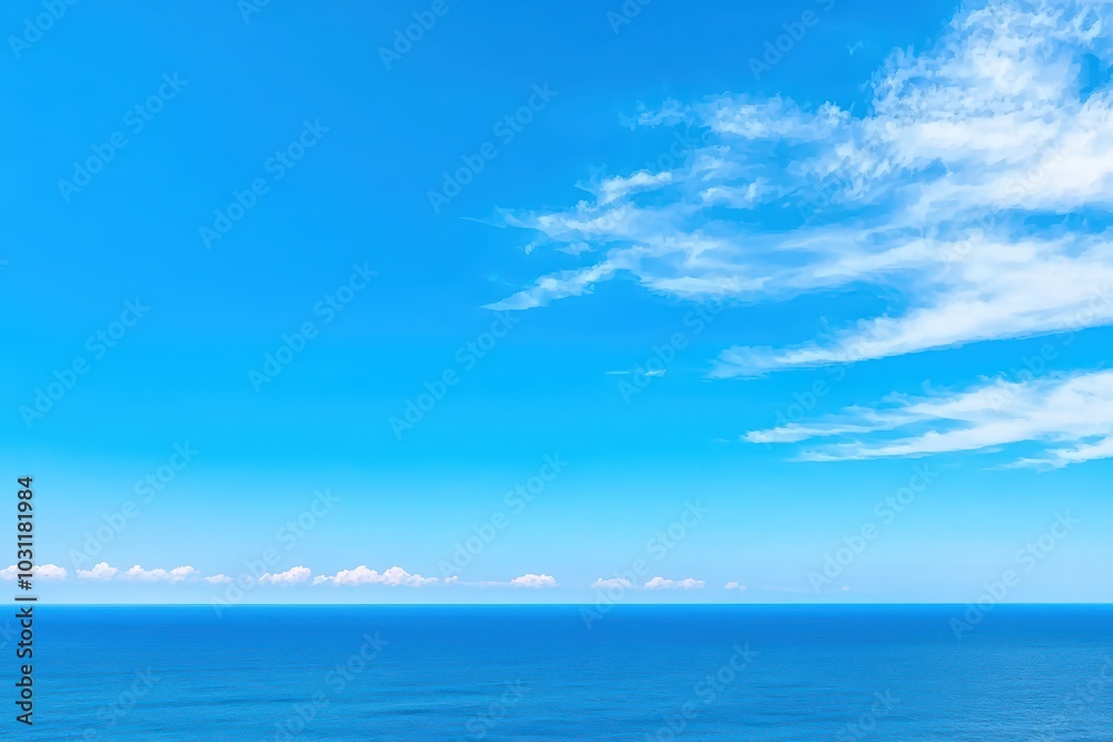 A serene view of the endless ocean under a bright blue sky with wispy clouds, evoking tranquility and peace. A serene view of the endless ocean under a bright blue sky with wispy clouds, evoking tranquility and peace.