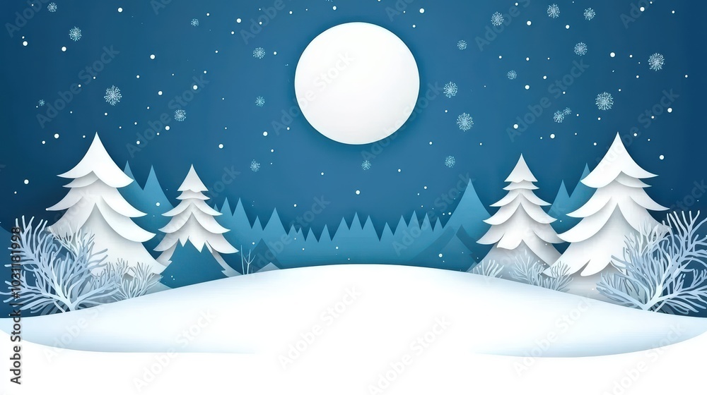 A serene winter landscape featuring snow-covered trees and a full moon in a starry night sky. A serene winter landscape featuring snow-covered trees and a full moon in a starry night sky.