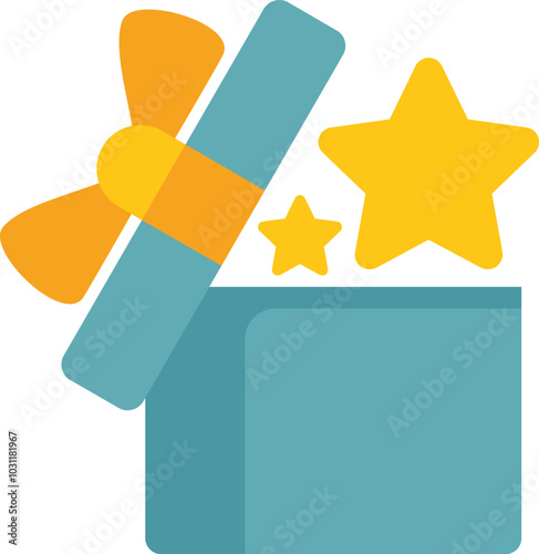 Graphic depiction of a gift box being opened to reveal stars appearing from within