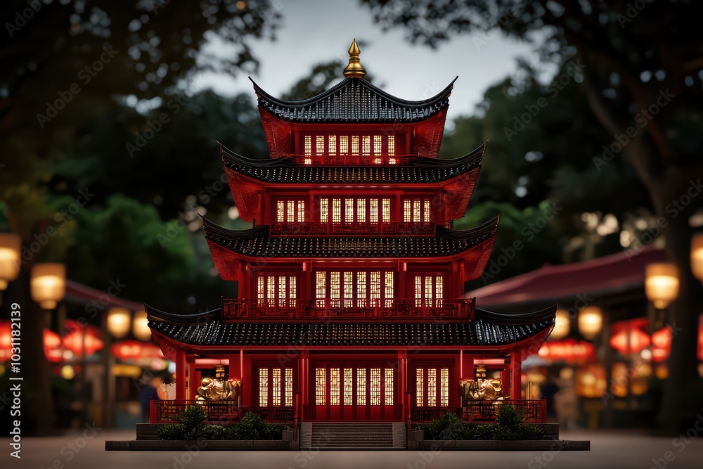 Fototapeta premium A stunning red pagoda illuminated at night, surrounded by soft bokeh lights, showcasing traditional architectural beauty.