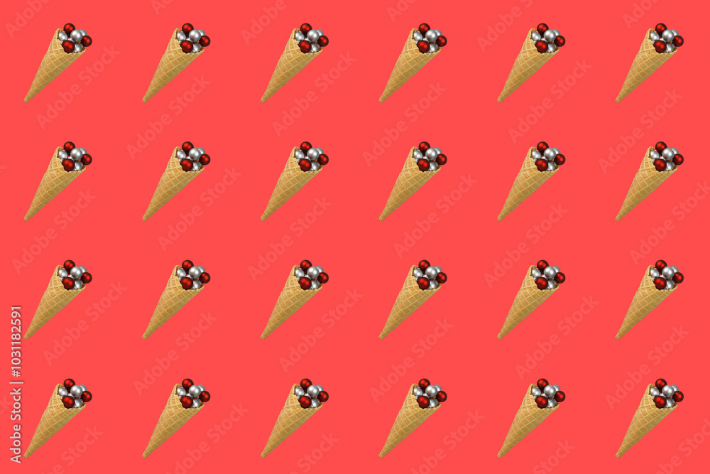 Obraz premium Waffle cone for ice cream with Christmas balls on a red background. Seamless background pattern for wrapping paper, printing, wallpaper. Preparing for Christmas and New Year.