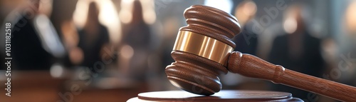 A judge's gavel in focus with blurred courtroom background, symbolizing justice and legal proceedings in a formal setting.