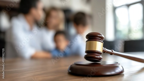 Close-up of a gavel in a courtroom setting with a family in the background, symbolizing justice, legal decisions, and family law.