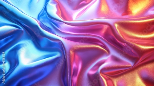 Colorful, flowing satin fabric with vibrant blue and pink hues.